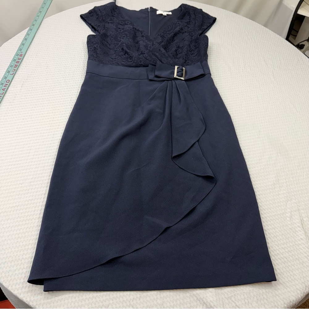 Studio One Navy Lace-Top Midi Dress with Buckle Waist